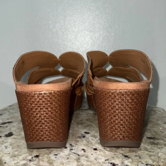 VIONIC MALORIE Raffia Natural Tan Leather Open Toe Slip On Wedge Sandals Sz 9.5 - Picture 11 of 16
